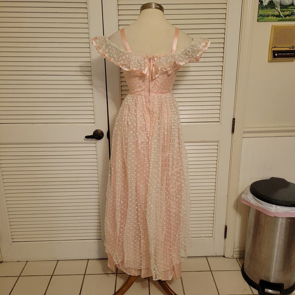 80s 90s Cottagecore Glenrob Off Shoulder Polka Dot Lace Dress Size 9 10 Pleated - Picture 4 of 13
